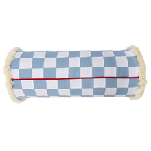 Load image into Gallery viewer, Beach Blue and White Checkerboard Bolster with Cream Fringe
