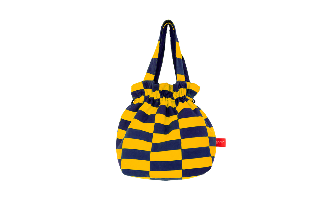 Patchwork Beach Bag: Mustard Yellow and Navy Blue