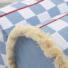 Load image into Gallery viewer, Beach Blue and White Checkerboard Bolster with Cream Fringe
