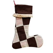 Load image into Gallery viewer, Dark Brown and Cream Patchwork with Cream Fringe Christmas Socks
