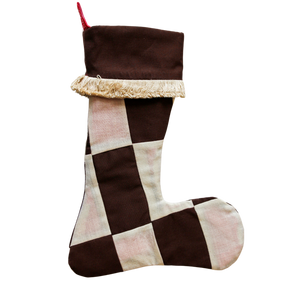 Dark Brown and Cream Patchwork with Cream Fringe Christmas Socks