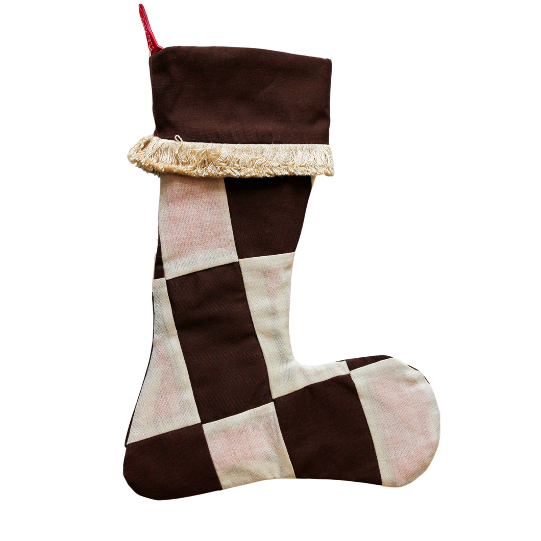 Dark Brown and Cream Patchwork with Cream Fringe Christmas Socks