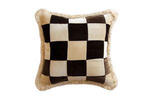 Beige Cream and Dark Brown Patchwork Velvet with White Fringe