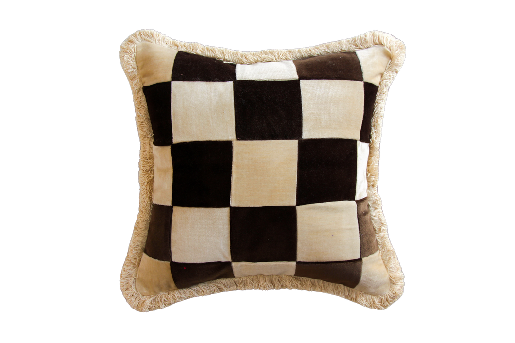 Beige Cream and Dark Brown Patchwork Velvet with White Fringe