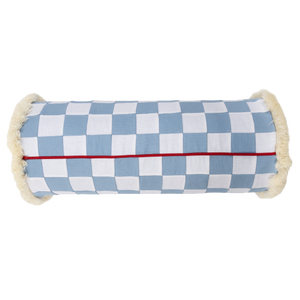 Big Blue and White Checkerboard Bolster with Cream Fringe