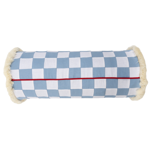 Big Blue and White Checkerboard Bolster with Cream Fringe