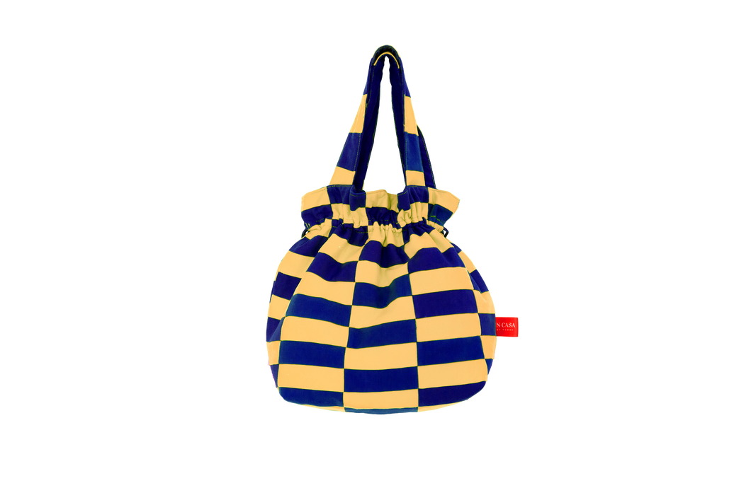 Patchwork Beach Bag: Navy Blue and Sandy Yellow