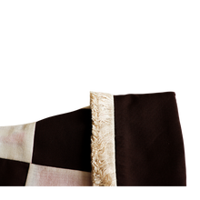 Load image into Gallery viewer, Dark Brown and Cream Patchwork with Cream Fringe Christmas Socks
