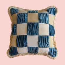 Load image into Gallery viewer, Special Patchwork Blue and Cream Velvet with Cream Fringe
