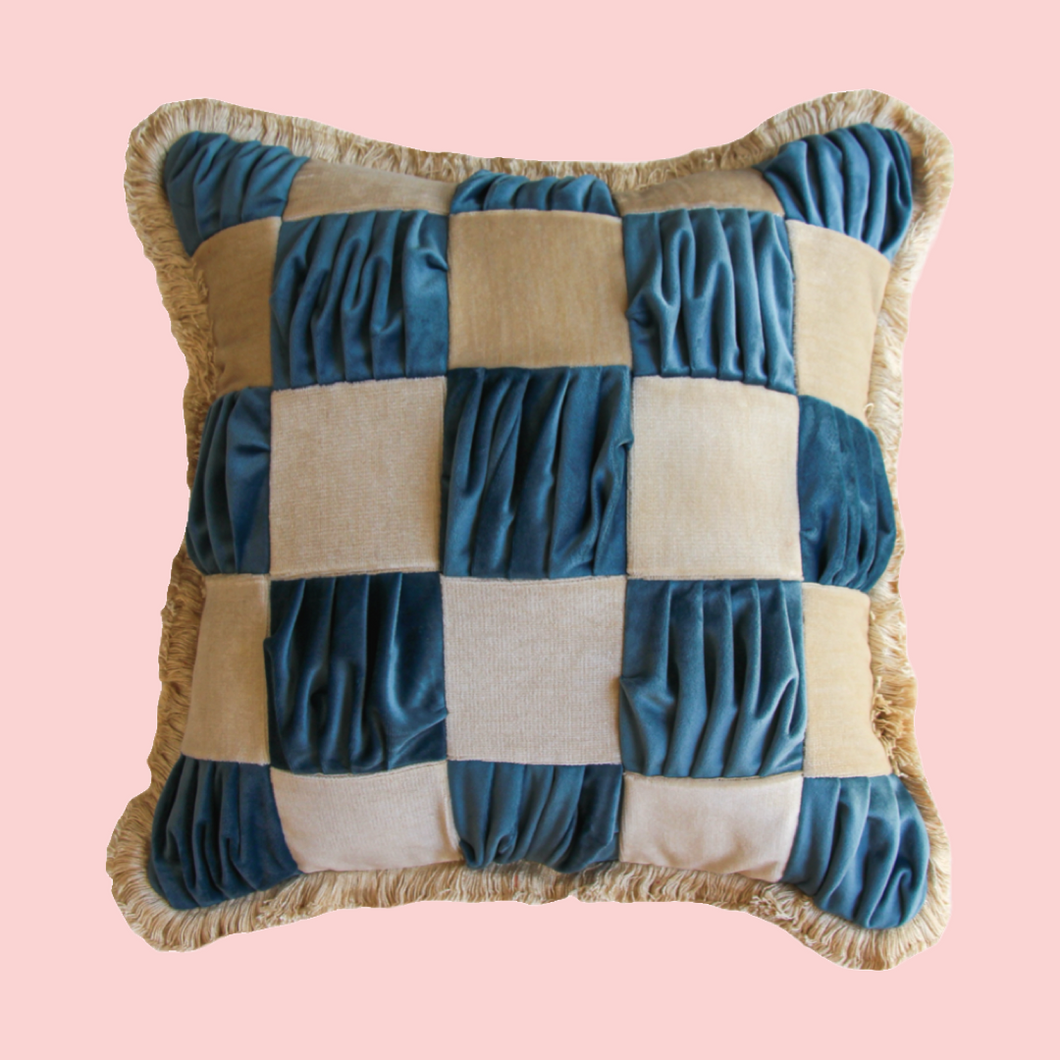 Special Patchwork Blue and Cream Velvet with Cream Fringe