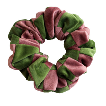 Load image into Gallery viewer, Light Green and Pink Velvet Patchwork Scrunchie
