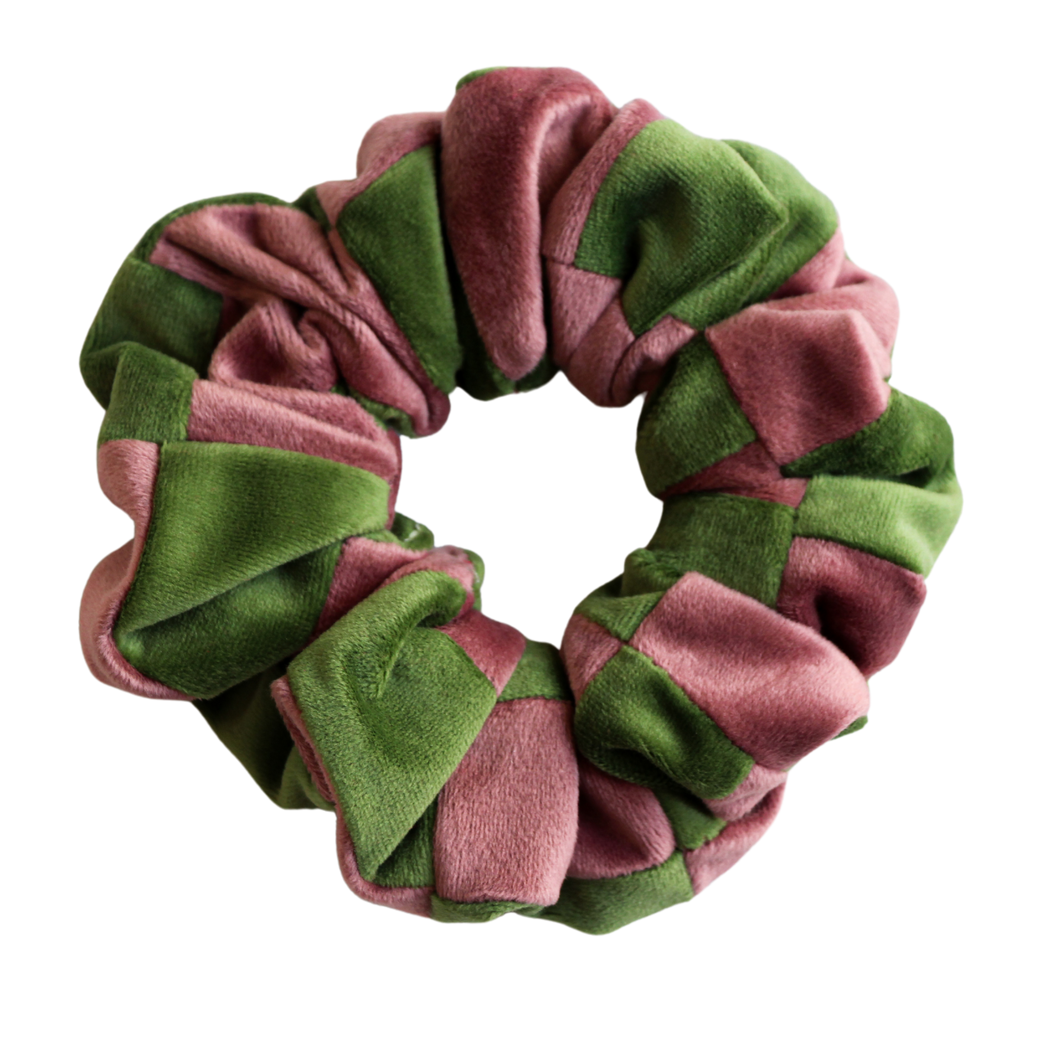 Light Green and Pink Velvet Patchwork Scrunchie