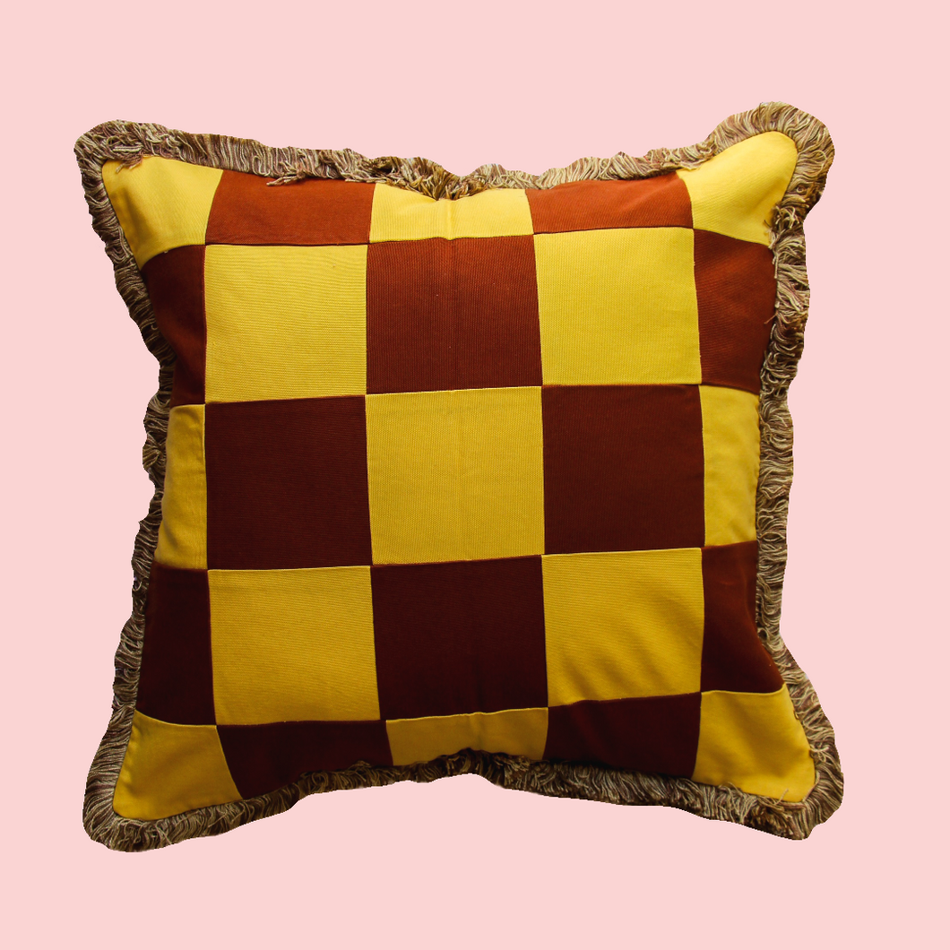 Yellow and Brown Patchwork with Brown Fringe