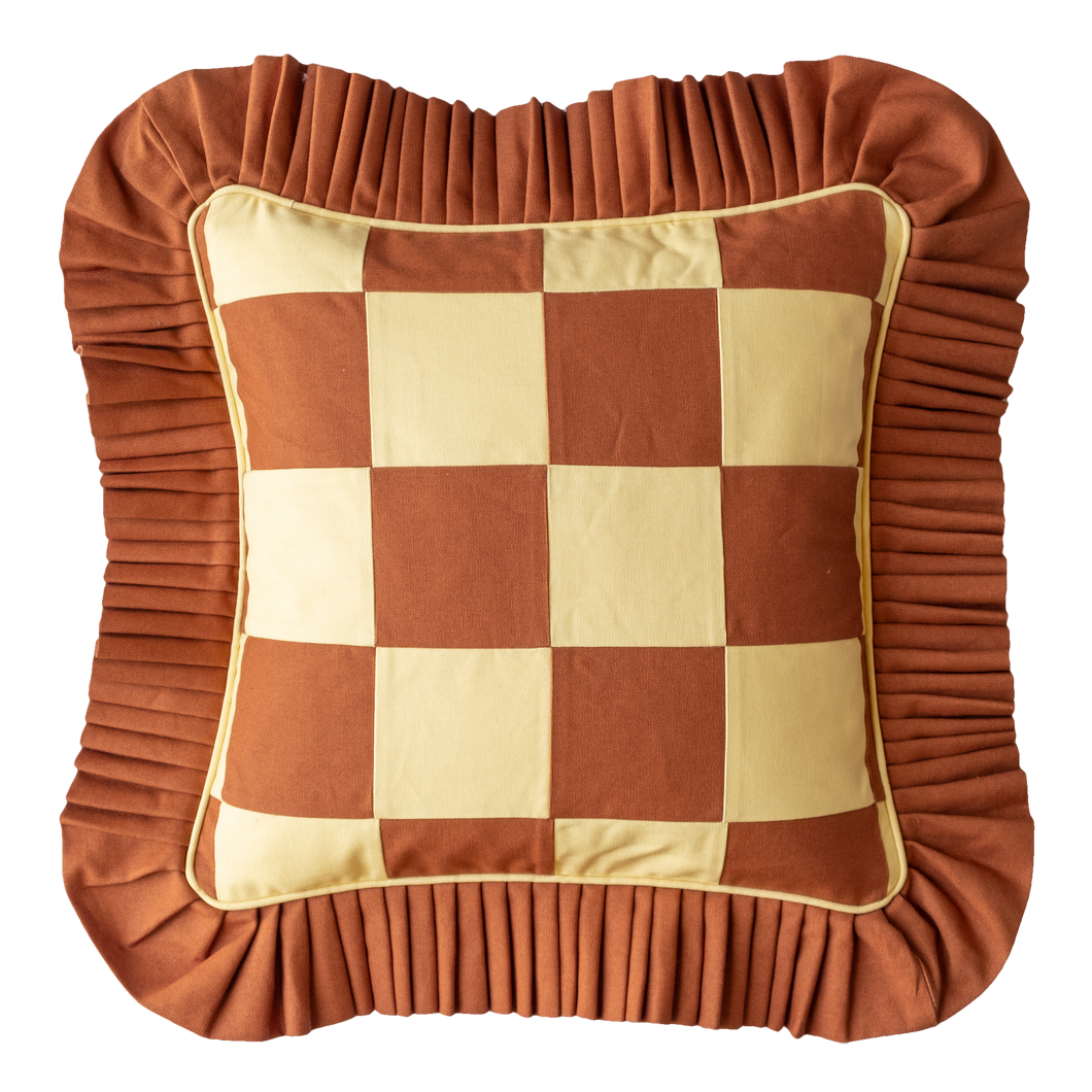 Brown & Yellow patchwork with Brown Ruffle and Yellow Piping