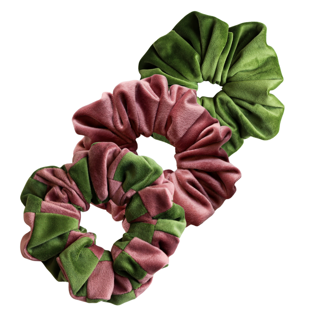 Light Green and Pink Velvet Trio Scrunchies