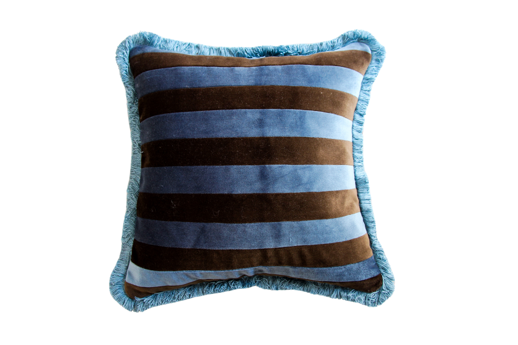 River Blue and Dark Brown Stripes Velvet with Blue Fringe