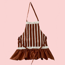 Load image into Gallery viewer, Brown and White Stripes with Brown Ruffle Apron
