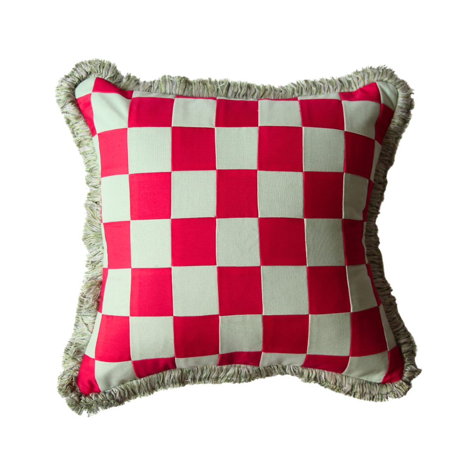 Raspberry and Mint Green Patchwork with Mint Green Fringe