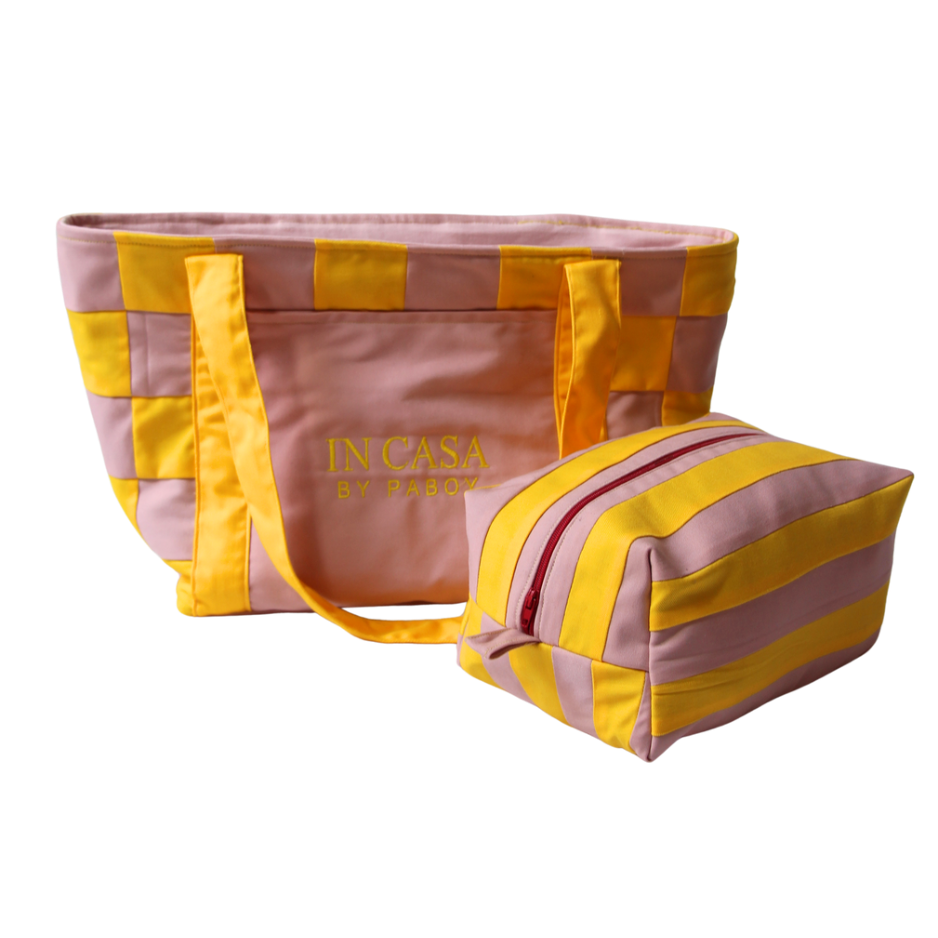 Yellow and Rose Pink Patchwork Bag and Pochette Set