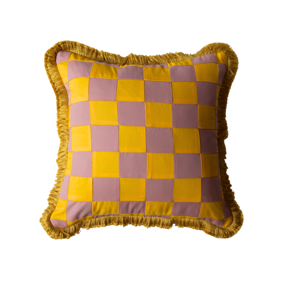 Yellow and Rose Pink Patchwork with Yellow Fringe