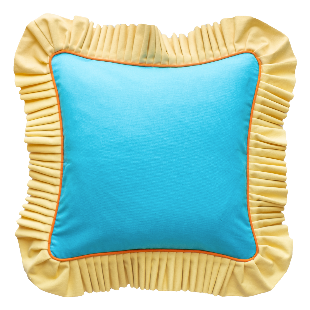 Ruffle with piping: Blue dodger w/ Sandy yellow Ruffle and Orange piping