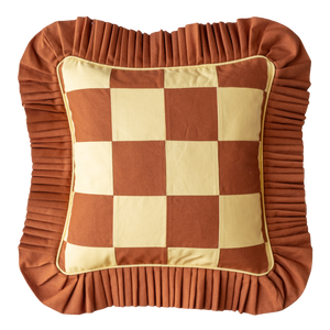 Patchwork w/ Ruffle and piping: Bright Brown with Sandy yellow Ruffle and piping