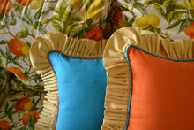 Load image into Gallery viewer, Ruffle w/ Piping: Orange w/ Sandy yellow Ruffle and Blue dodger piping
