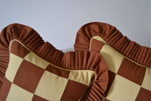 Patchwork w/ Ruffle and piping: Bright Brown with Sandy yellow Ruffle and piping