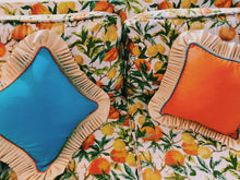 Load image into Gallery viewer, Ruffle w/ Piping: Orange w/ Sandy yellow Ruffle and Blue dodger piping
