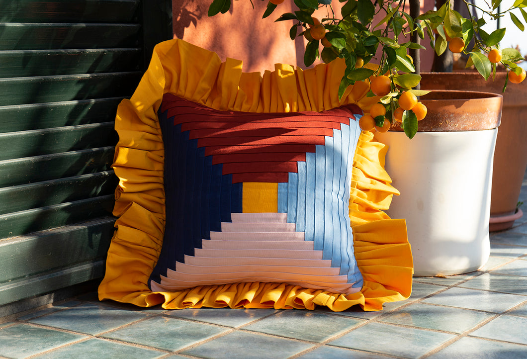 SPECIAL PATCHWORK- WINE RED, BEACH BLUE, NAVY BLUE AND DUSTY PINK STRIPED WITH MUSTARD YELLOW RUFFLE