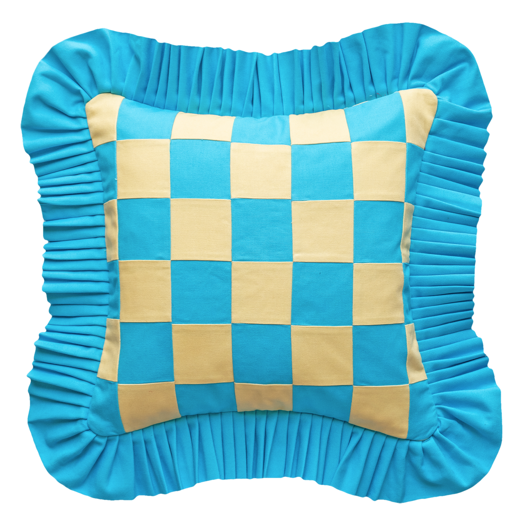 Patchwork with Ruffle: Sandy yellow & Blue dodger w/ blue dodger ruffle